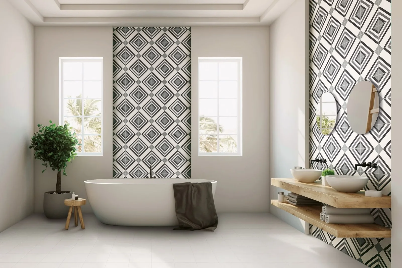 Ambiance salle de bain avec motif graphique